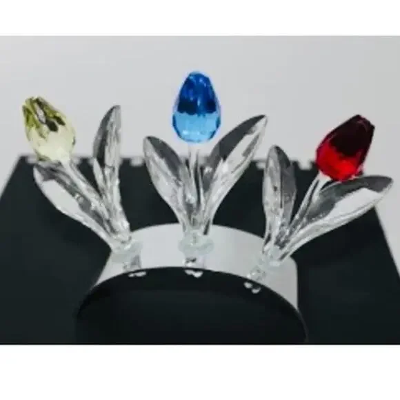 Swarovski Crystal 3 TULIP FLOWERS & DISPLAY STAND Holder Red Yellow Blue 3-1/2